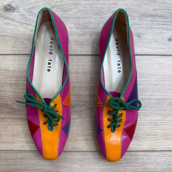 Vintage David Tate Leather Oxfords Colorful Twee Patchwork Lace Up Shoes Size 7N - Picture 4 of 7
